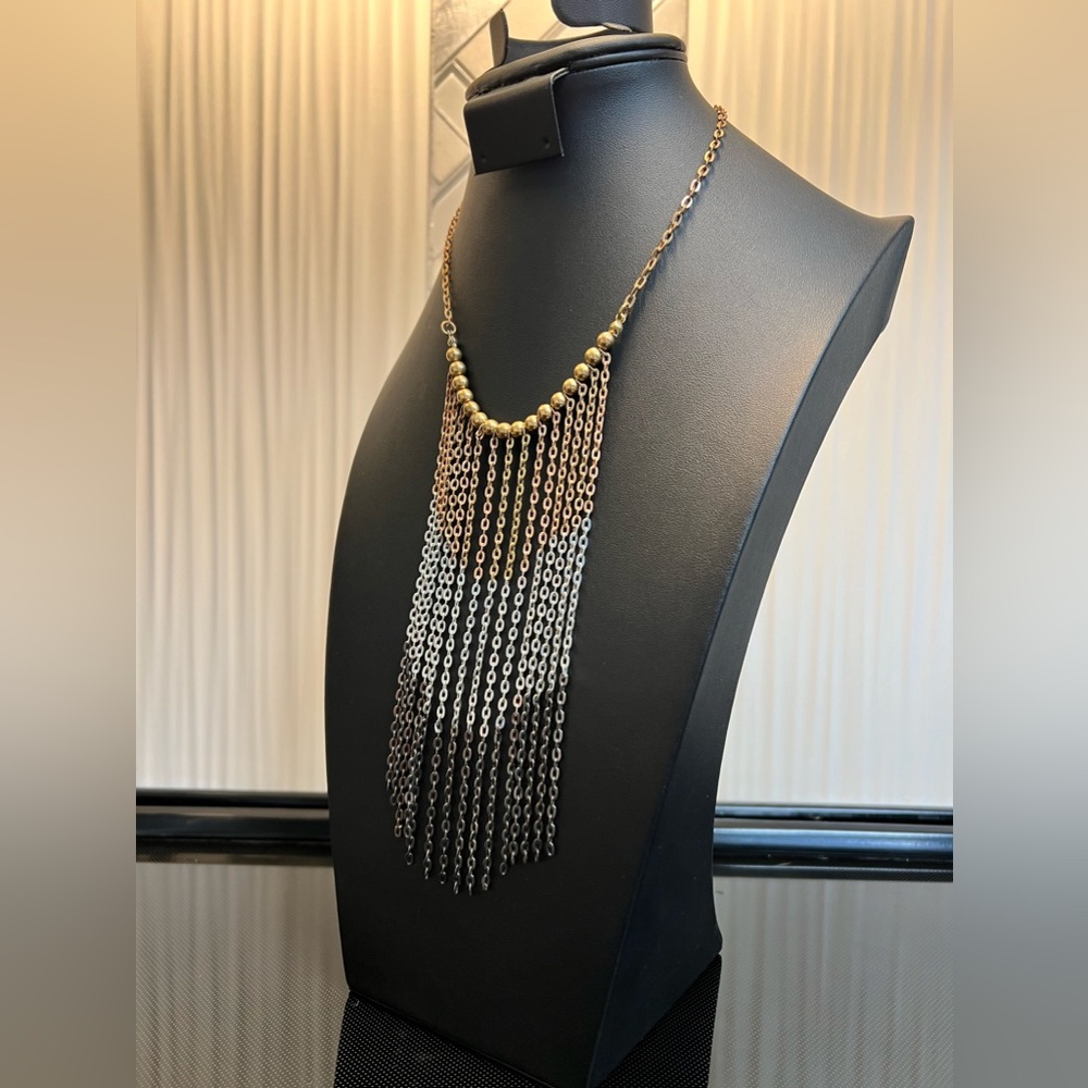 Chain Fringe Necklace Black Silver Bronze tone